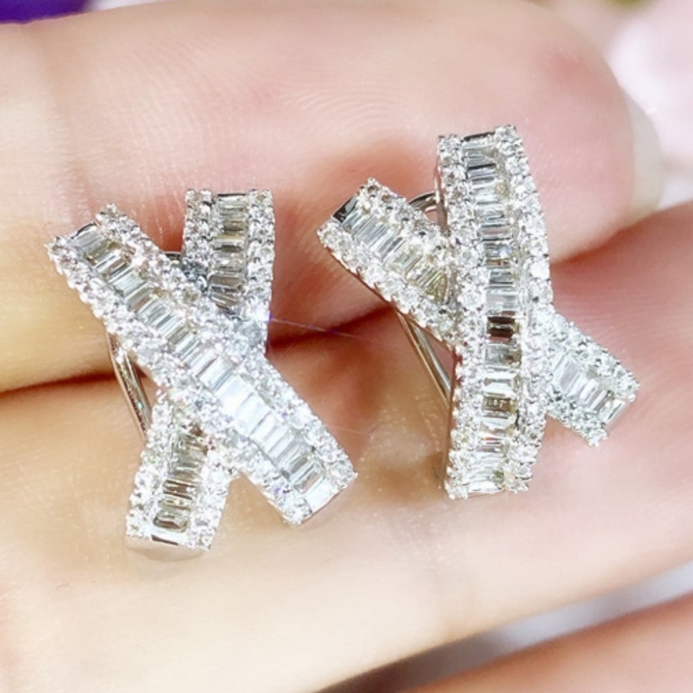 NEW 18K White Gold Baguette Bow Knot Omega Studs